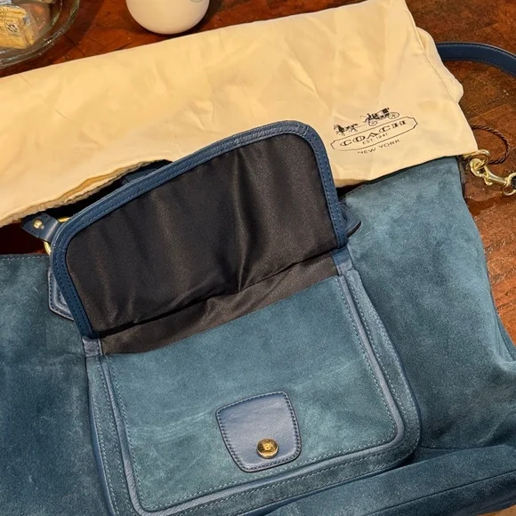 Coach Dark Teal Suede Shoulder Bag with Gold Hardware - Picture 16 of 16